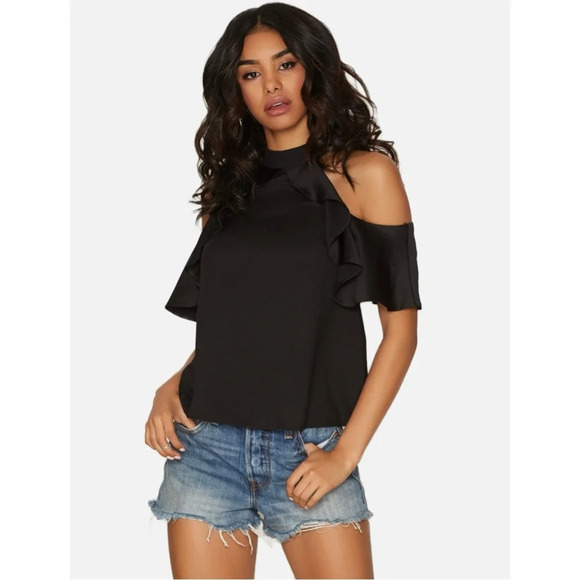 Miss Selfridge Cold Shoulder Ruffle Blouse Top Size 10 Black Short Sleeve - Picture 1 of 13